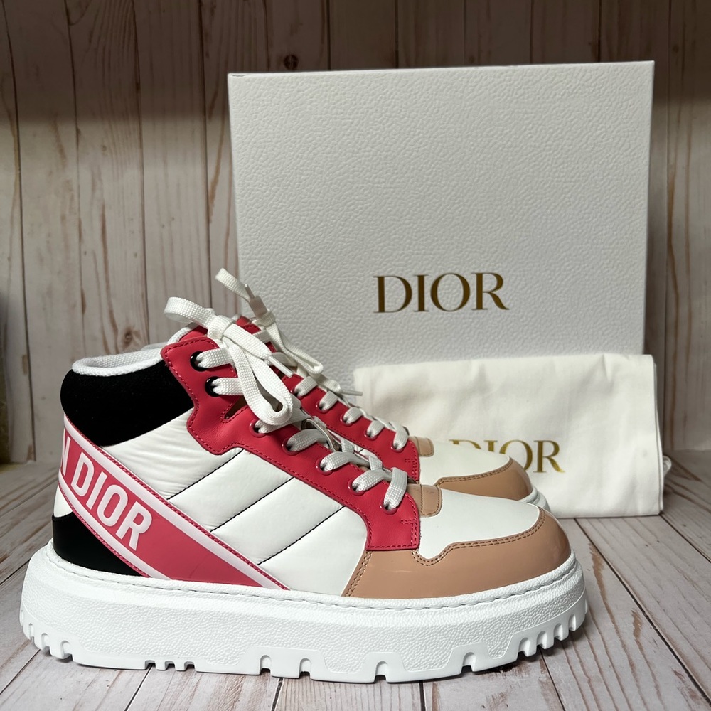 Christian Dior D-Player High Top Nylon Calfskin Sneaker White Pink Multi 39 / 9
